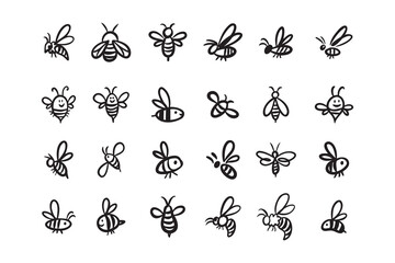 Doodle hand drawn bee. Set Cartoon outline line style bees.