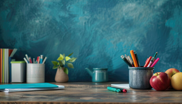 A desk with a blue wall and a blue notebook by AI generated image