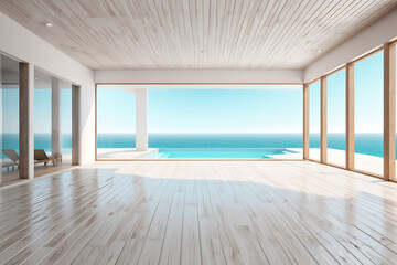 Sea view empty large living room of luxury summer beach house with swimming pool near wooden terrace. Big white wall background in vacation home or holiday villa. Hotel interior 3d illustration.