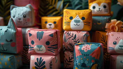 Fototapeta na wymiar Children’s Eco-Toys- Create vibrant, colorful packaging for a brand of eco-friendly toys. Feature playful cartoon animals on the boxes. Emphasize sustainability and the joy of play