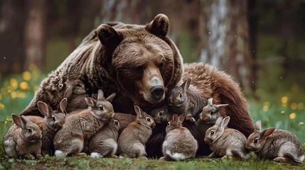 Fototapeten Grizzly Bear Snuggling with Adorable Rabbit Family in Idyllic Forest Clearing © Natanong