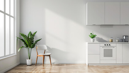 A large kitchen with white cabinets and a wooden counter by AI generated image