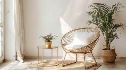 Gold metal chair beside an end table with a potted plant in an empty white room, showcasing a perfect spot to display your product.
