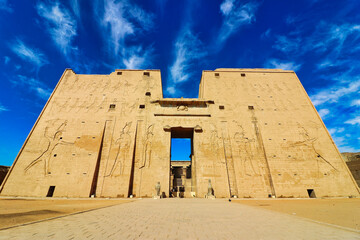 Magnificent view of the Outer Pylons of the Temple of Horus in Edfu built during the Ptolemaic era...