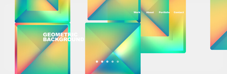 Vibrant geometric shapes in azure, aqua, and electric blue hues create a symmetrical pattern on a white background. Rectangles and triangles in various tints and shades form an artistic display