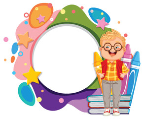 Cheerful boy with glasses standing by books.
