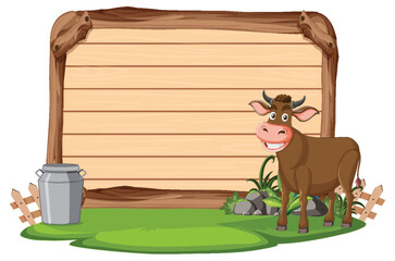 Cartoon cow standing next to a blank signboard.