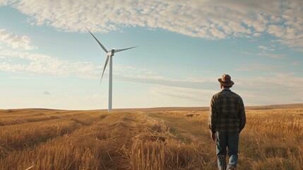 A lone farmer walks towards a towering wind turbine a nod to the growing trend of sustainable energy in agriculture. As he gazes up at the rotating blades its clear that this modern .