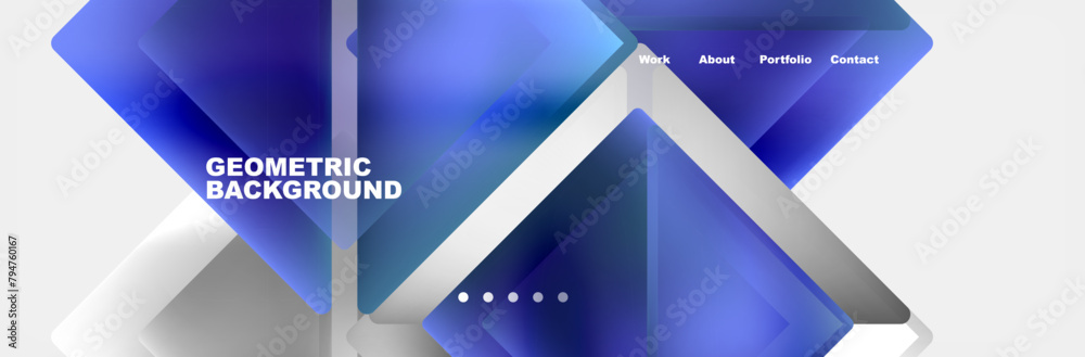 Poster a geometric pattern of blue, purple, and electric blue triangles on a white background resembling a 