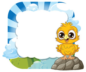 Cute chick standing on a rock, sunny backdrop.