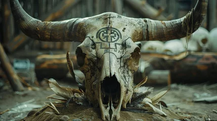 Foto op Canvas A cow skull decorated with runic symbols and feathers serving as a focal point on a dusty altar. . © Justlight