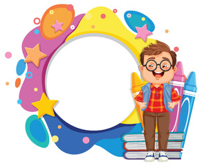 Cartoon boy with books on a vibrant frame