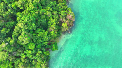 Captured from above, the enchanting allure of a tropical seascape unfolds with crystal-clear waters...