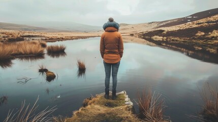 A person stands at the edge of a tranquil lake reflection visible in the still waters. With back turned towards the camera . . - obrazy, fototapety, plakaty