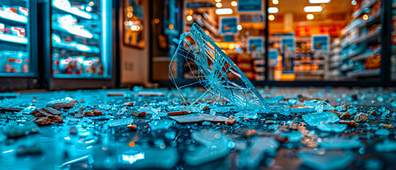 Abstract reflection of broken glass, exploring themes of damage and urban decay - obrazy, fototapety, plakaty