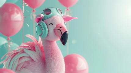 A fun-loving flamingo enjoys holiday vibes with music and balloons, perfect imagery for a summer party