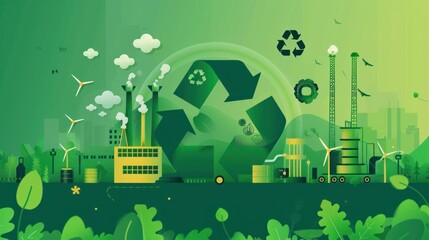 The Green Cycle - green background - This vivid illustration represents the essence of a sustainable ecosystem through the lens of a circular economy. 