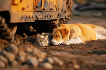 A dog and cat rest together on the ground next to construction equipment, showing an unexpected friendship in an unusual setting. - 794761955