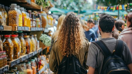 A group of friends backs turned to the camera engaged in deep conversation as they browse through rows of homemade goods. . .