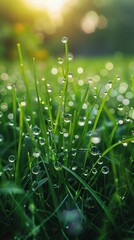 Dewdrops glistening on fresh green grass at sunrise