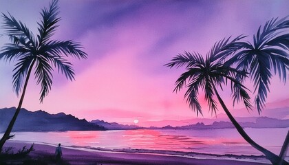 sunset on the beach, sunset on the beach tree national landscape evening minimalist watercolor  illustration of monolith - obrazy, fototapety, plakaty