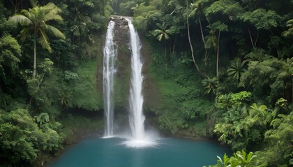 A cascading waterfall surrounded by lush tropical