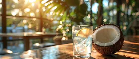 Coconut water in glass beside coconut on table natural tropical liquid. Concept Tropical Beverage, Coconut Water, Natural Drink, Refreshing Coconut, Hydration
