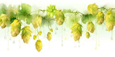 Board of hop vine plant humulus watercolor illustration isolated on white background

