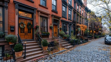 Charming brownstones with decorative brick facades on cobblestone street in city center. Concept Cityscape Photography, Urban Architecture, Historical Buildings, Brick Facades, Cobblestone Streets