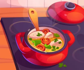 Rolgordijnen Red pan with vegetables soup on kitchen stove. Hot food smoke and boiling while cooking top view. Open pot with handle kitchenware graphic design. Dinner preparation in bowl on electric cooker © klyaksun