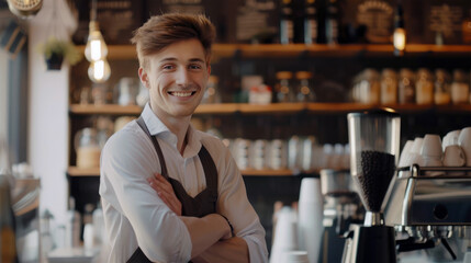 Portrait of handsome young male barista standing with arms crossed in cafe.