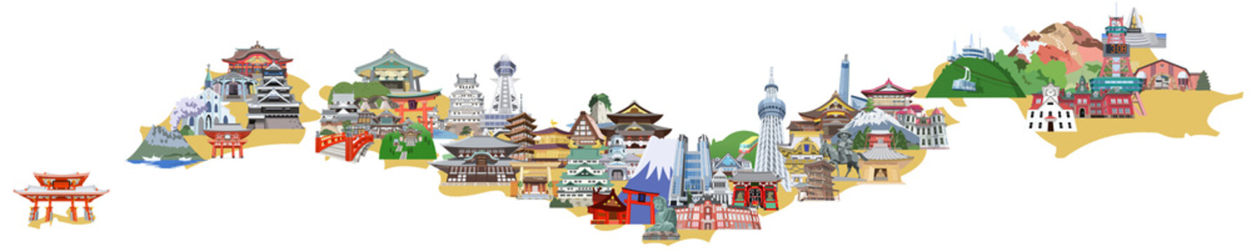 日本列島観光地イラストマップ　俯瞰図イエロー編