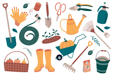 Gardening tools collection, trowel, scissors and shovel icons, vector illustrations of wheelbarrow and bucket in farm, agriculture equipment, instruments for planting and farming, rake and hose doodle