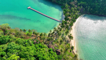 Bird's eye view of a breathtaking tropical island, Sandy beach, coconut trees, and mesmerizing...