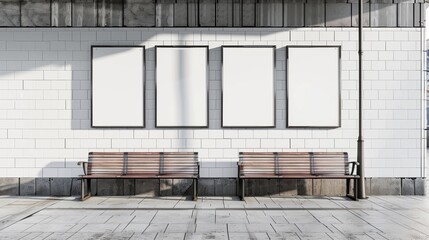 Blank mockup of an advertit in a poster frame situated above train station benches. . - obrazy, fototapety, plakaty