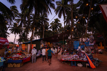 Sunset at the famous Tuesday flee Market in Anjuna, Goa, India.  It is the major tourist attraction...