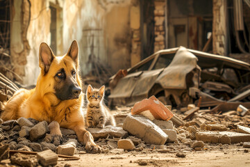 A German Shepherd and a kitten sit on a ruined street with debris and an abandoned car in the background, creating a scene of courage and friendship - 794764722