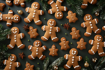 A group of gingerbread men are sitting on a table with cinnamon and other spices. Scene is festive and warm, as it is a representation of the holiday season