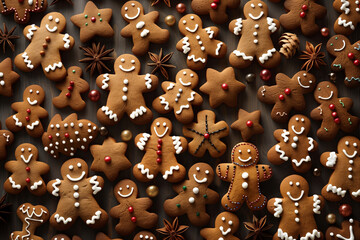 A group of gingerbread men are sitting on a table with cinnamon and other spices. Scene is festive and warm, as it is a representation of the holiday season