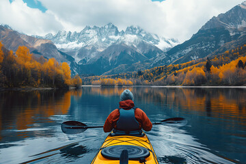 back of kayaker kayaking on lake with a landscape of mountains and forests in autumn