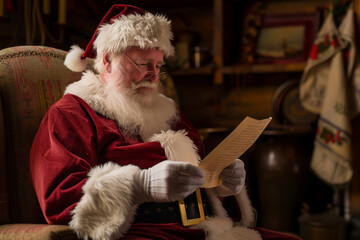 A man in a red Santa hat is reading a list of things to do. He is sitting in a chair and he is in a festive mood