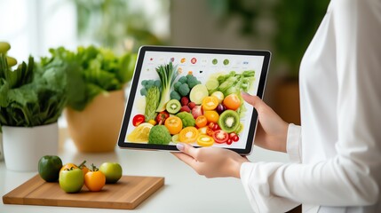 Close-up of a nutritionist holding a tablet with a healthy meal plan app, surrounded by a variety of whole foods, suitable for diet and wellness themes.