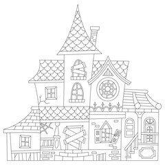 Haunted mansion hand drawn vector illustration in line stroke design