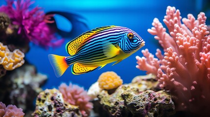 Fototapeta na wymiar Close-up of a tropical fish swimming gracefully in a vibrant coral reef aquarium, illustrating the beauty and diversity of aquatic life.