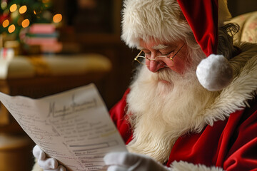 A man in a red Santa hat is reading a list of things to do. He is sitting in a chair and he is in a festive mood