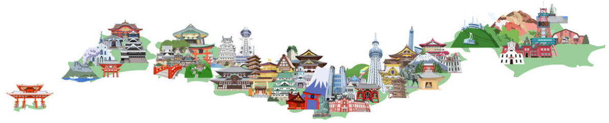 日本列島観光地イラストマップ　俯瞰グリーン編