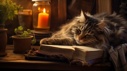 Elderly cat snoozing in a cozy indoor nook, surrounded by books and a warm blanket, ideal for serene and comforting pet scenes.