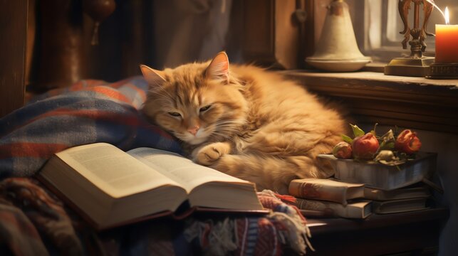 Elderly cat snoozing in a cozy indoor nook, surrounded by books and a warm blanket, ideal for serene and comforting pet scenes.
