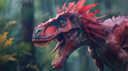  close up of a dinosaur. tyrannosaurus rex dinosaur isolated on blurry background. close up of a...