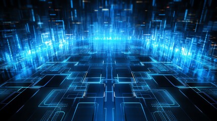 Silver and blue abstract technological backdrop with a detailed mesh of circuits and light effects, designed for corporate tech advertisements.